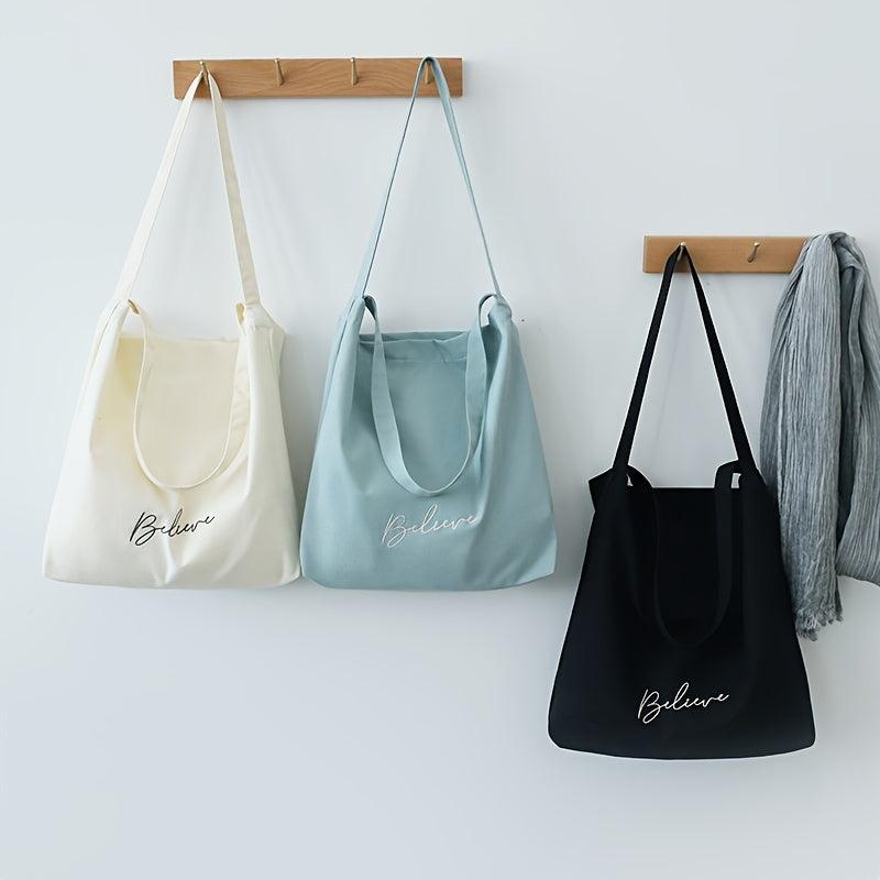 Letter Embroidery Canvas Tote Bag Large Capacity Hand Shopper Bag Shoulder Purse