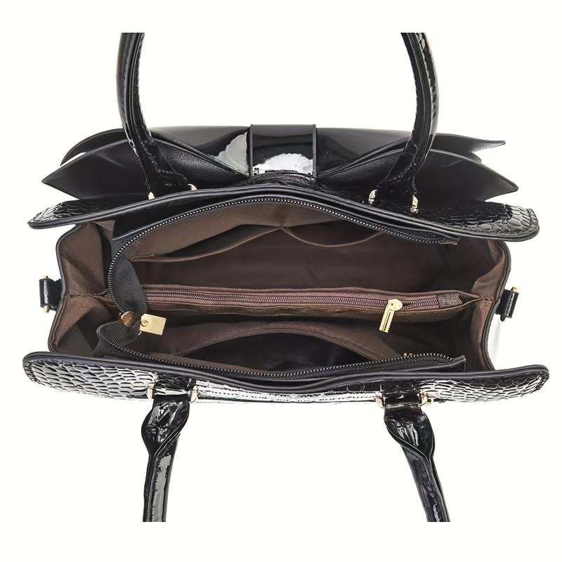 Classic Bowknot Crocodile-Embossed Satchel Bag for Work