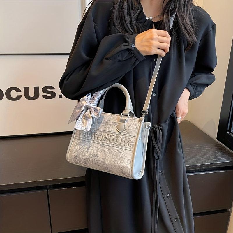 Flower Embroidery Tote Bag Vintage Letters Handbag For Women