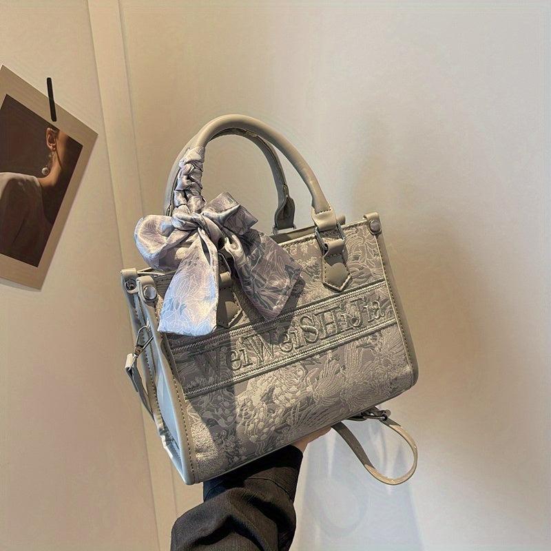 Flower Embroidery Tote Bag Vintage Letters Handbag For Women