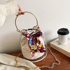 Stylish Mini Scarf Drawstring Bucket Bag PVC Crossbody Handbag