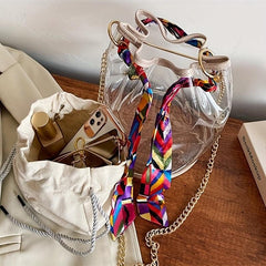 Stylish Mini Scarf Drawstring Bucket Bag PVC Crossbody Handbag