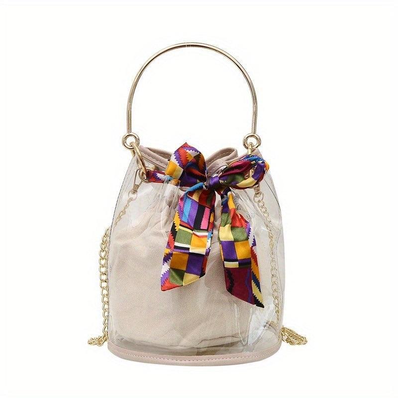 Stylish Mini Scarf Drawstring Bucket Bag PVC Crossbody Handbag