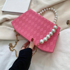 Argyle Embossed Handbag Women's Chain Crossbody Bag Faux Pearl Handle