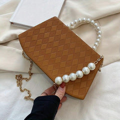 Argyle Embossed Handbag Women's Chain Crossbody Bag Faux Pearl Handle