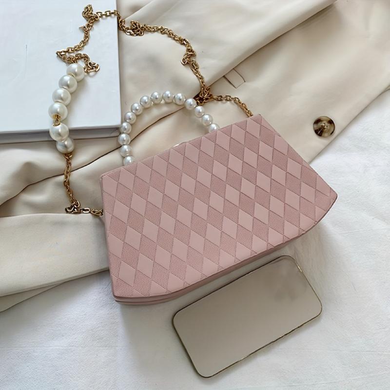 Argyle Embossed Handbag Women's Chain Crossbody Bag Faux Pearl Handle