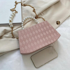 Argyle Embossed Handbag Women's Chain Crossbody Bag Faux Pearl Handle