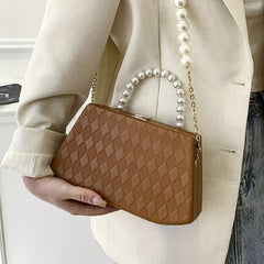 Argyle Embossed Handbag Women's Chain Crossbody Bag Faux Pearl Handle