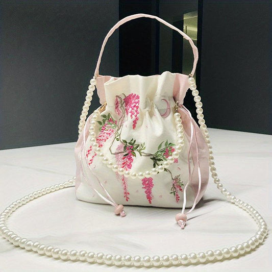 Chinese Style Drawstring Bag Floral Embroidered Bucket Bag Crossbody Purse