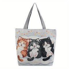 Cat Canvas Tote Bag Ethnic Style Shoulder Bag For Women