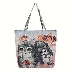 Cat Canvas Tote Bag Ethnic Style Shoulder Bag For Women