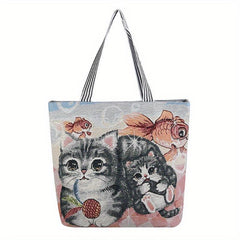 Cat Canvas Tote Bag Ethnic Style Shoulder Bag For Women