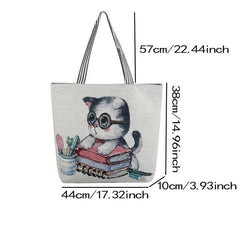 Cat Canvas Tote Bag Ethnic Style Shoulder Bag For Women
