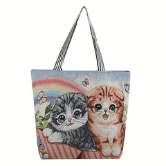 Cat Canvas Tote Bag Ethnic Style Shoulder Bag For Women