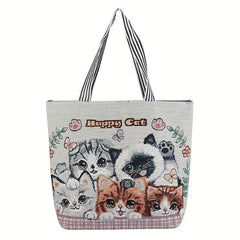 Cat Canvas Tote Bag Ethnic Style Shoulder Bag For Women