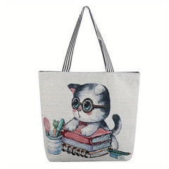 Cat Canvas Tote Bag Ethnic Style Shoulder Bag For Women
