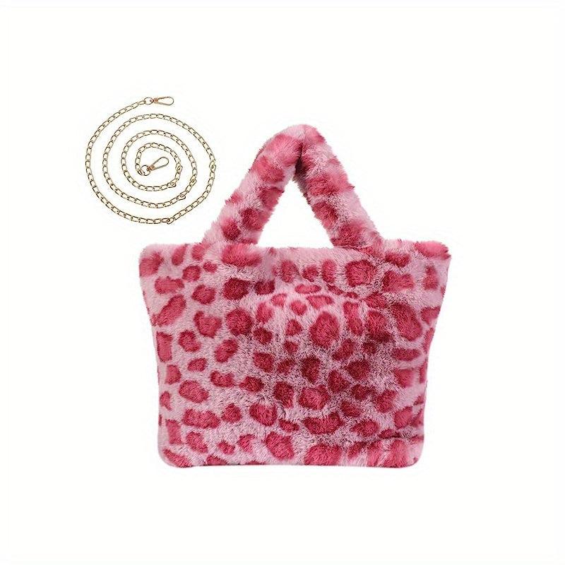 Leopard Pattern Tote Bag Plush Shoulder Bag Chain Crossbody Bag