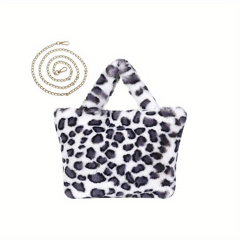 Leopard Pattern Tote Bag Plush Shoulder Bag Chain Crossbody Bag