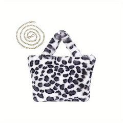 Leopard Pattern Tote Bag Plush Shoulder Bag Chain Crossbody Bag