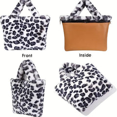 Leopard Pattern Tote Bag Plush Shoulder Bag Chain Crossbody Bag