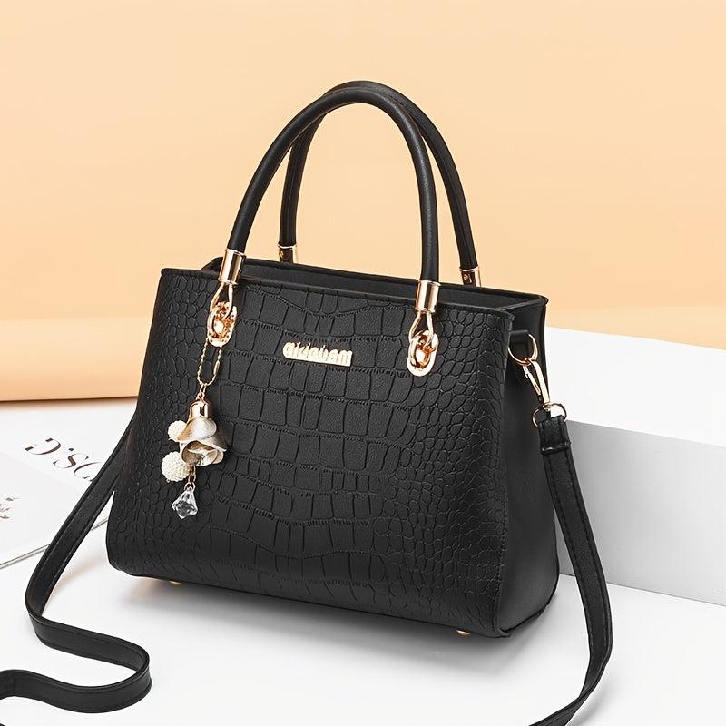Crocodile Embossed Crossbody Bag with Bag Charm