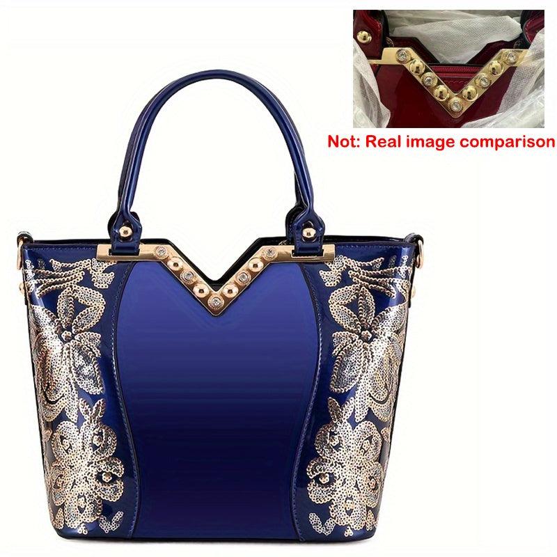 Sequins Embroidery Handbags Patent Leather Satchel Purses