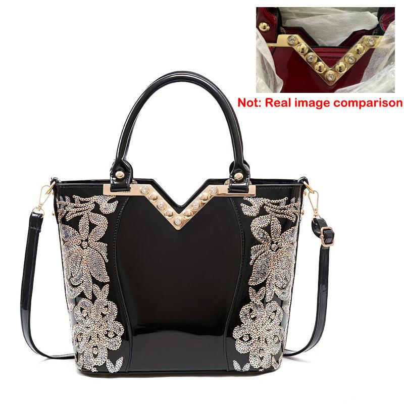 Sequins Embroidery Handbags Patent Leather Satchel Purses