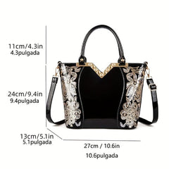 Sequins Embroidery Handbags Patent Leather Satchel Purses