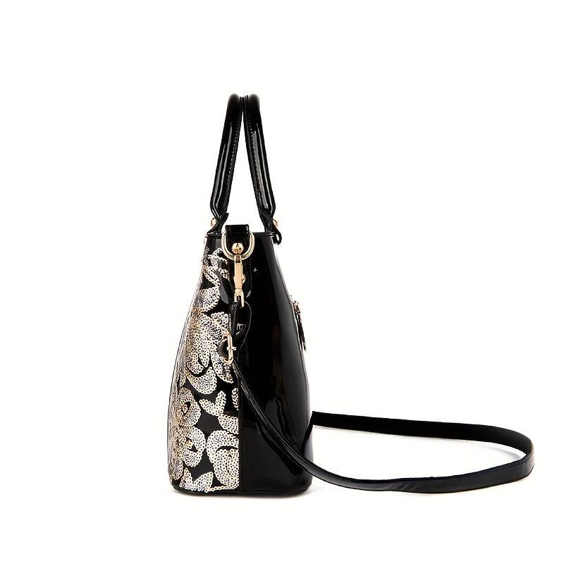 Sequins Embroidery Handbags Patent Leather Satchel Purses