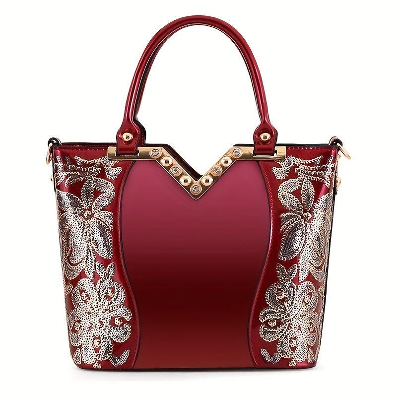 Sequins Embroidery Handbags Patent Leather Satchel Purses