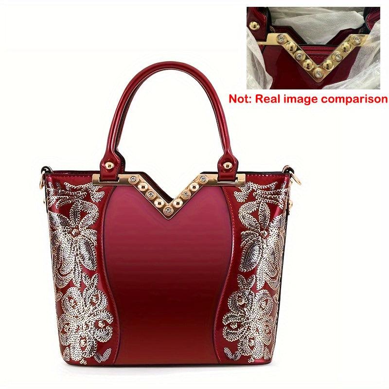 Sequins Embroidery Handbags Patent Leather Satchel Purses