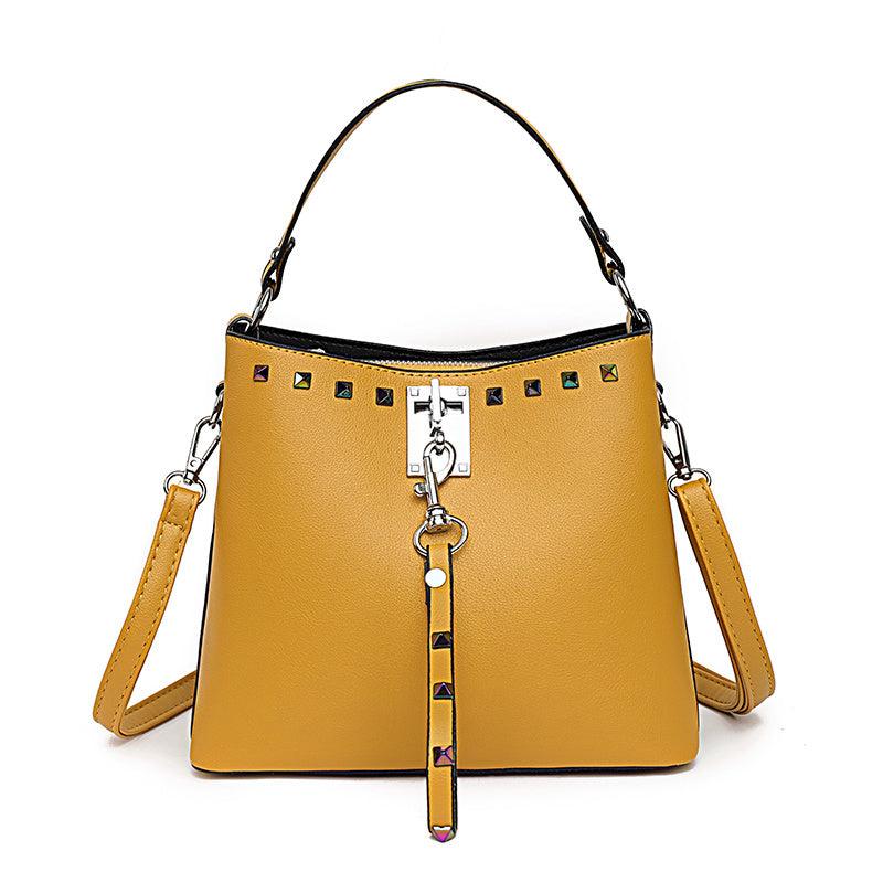 Studded Decor Hand Bucket Bag Casual Shoulder Zipper Purse Stylish Crossbody Bag