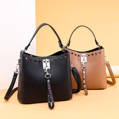 Studded Decor Hand Bucket Bag Casual Shoulder Zipper Purse Stylish Crossbody Bag