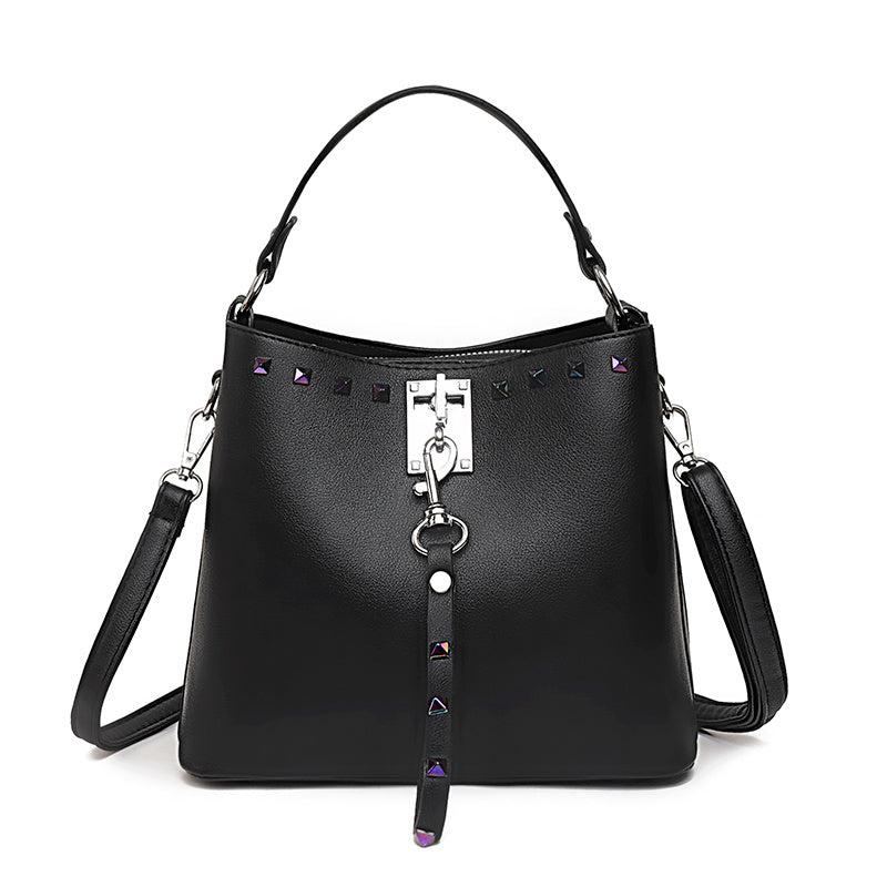Studded Decor Hand Bucket Bag Casual Shoulder Zipper Purse Stylish Crossbody Bag