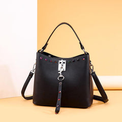 Studded Decor Hand Bucket Bag Casual Shoulder Zipper Purse Stylish Crossbody Bag