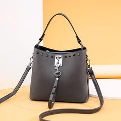 Studded Decor Hand Bucket Bag Casual Shoulder Zipper Purse Stylish Crossbody Bag