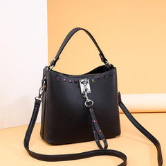 Studded Decor Hand Bucket Bag Casual Shoulder Zipper Purse Stylish Crossbody Bag