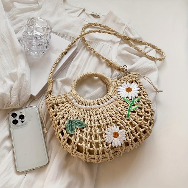 Floral Straw Beach Woven Handbag Crossbody Bag Women's Shoulder Bag