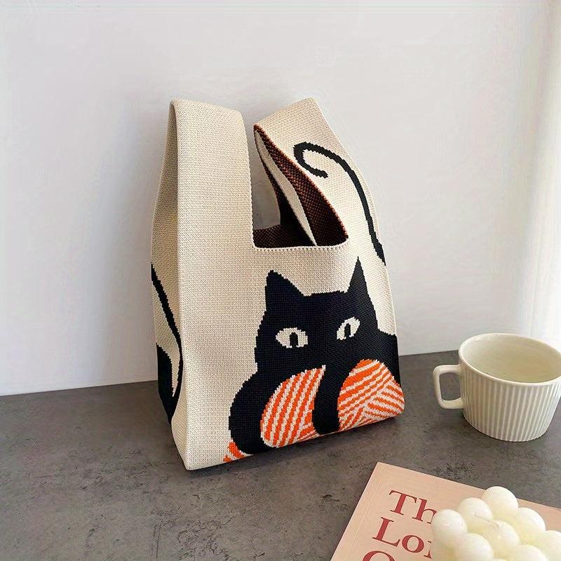 Cat Pattern Woven Handbag Fabric Crochet Niche Tote Bag