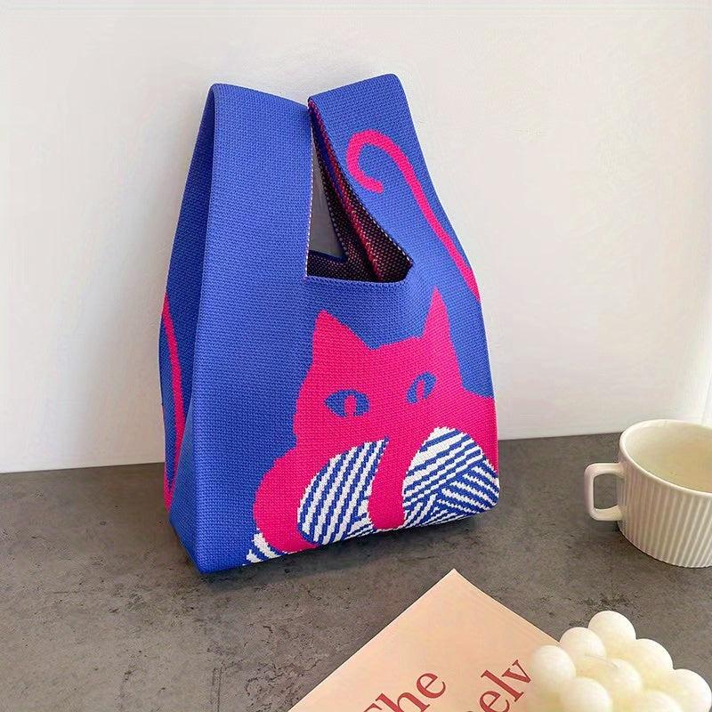 Cat Pattern Woven Handbag Fabric Crochet Niche Tote Bag