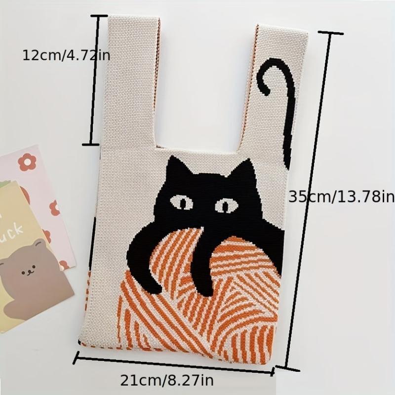Cat Pattern Woven Handbag Fabric Crochet Niche Tote Bag