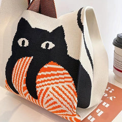 Cat Pattern Woven Handbag Fabric Crochet Niche Tote Bag