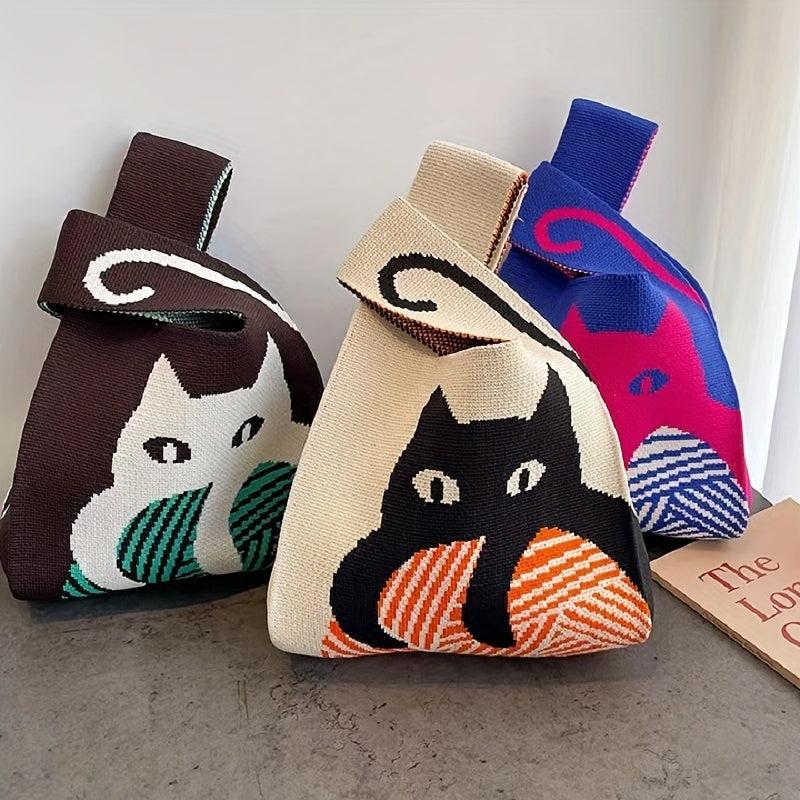 Cat Pattern Woven Handbag Fabric Crochet Niche Tote Bag