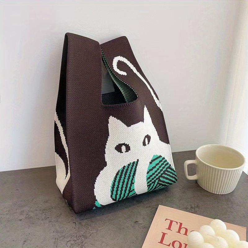 Cat Pattern Woven Handbag Fabric Crochet Niche Tote Bag