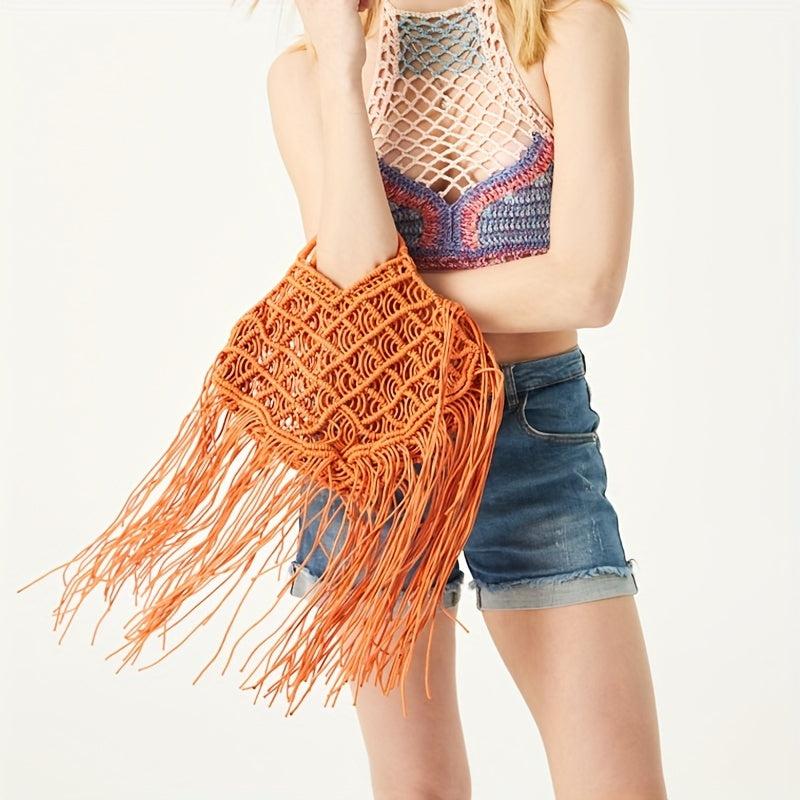 Bohemian Tassel Handbag Women Hollow Woven Tote Bags Summer Beach Straw Bag