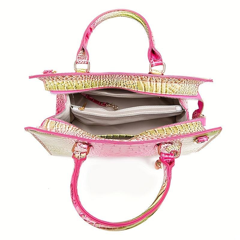 Crocodile Pattern Gradient Top Handle Satchel Large Capacity Tote Bag
