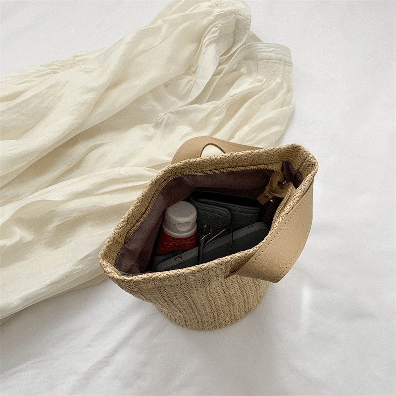 Straw Woven Handbags Boho Style Summer Beach Bag Portable Holiday Bucket Bag