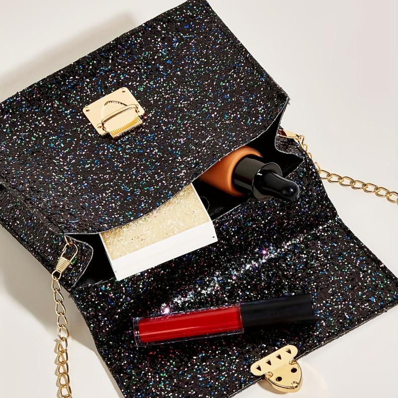 Glitter Chain Crossbody Bag PU Leather Satchel Classic Shoulder Bag