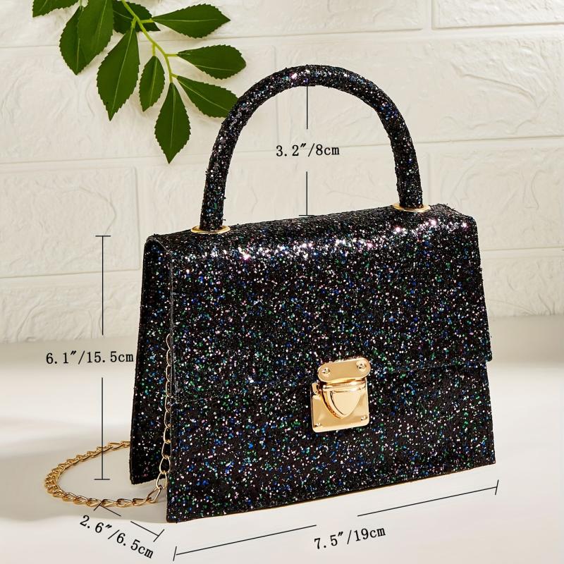 Glitter Chain Crossbody Bag PU Leather Satchel Classic Shoulder Bag