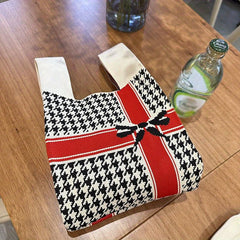 Houndstooth Pattern Woven Handbag Dacron Crochet Niche Tote Bag